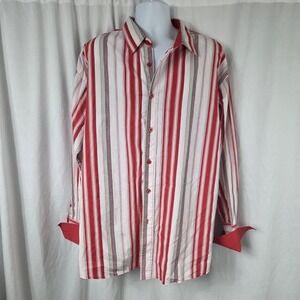 DTEK Jeans Shirt Mens 2XL Red Striped Button Front Long Sleeve Casual Woven